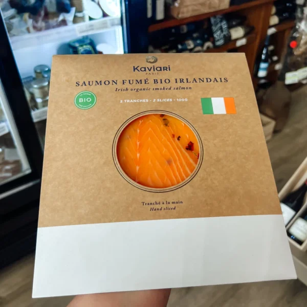 Paquet de deux tranches de saumon fumé bio Irlandais de la Maison Kaviari.
