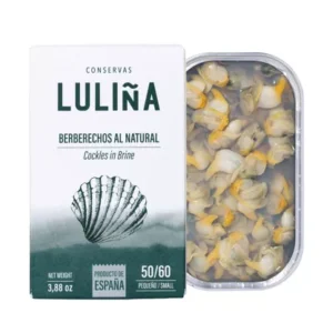 LULINA cockles in brine packaging beside an open tray of cockles; label reads Berberechos al natural / Cockles in Brine.