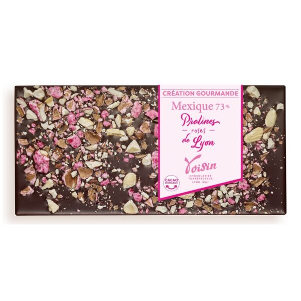 Tablette chocolat Mexique 73% Pralines roses de Lyon création gourmande Voisin
