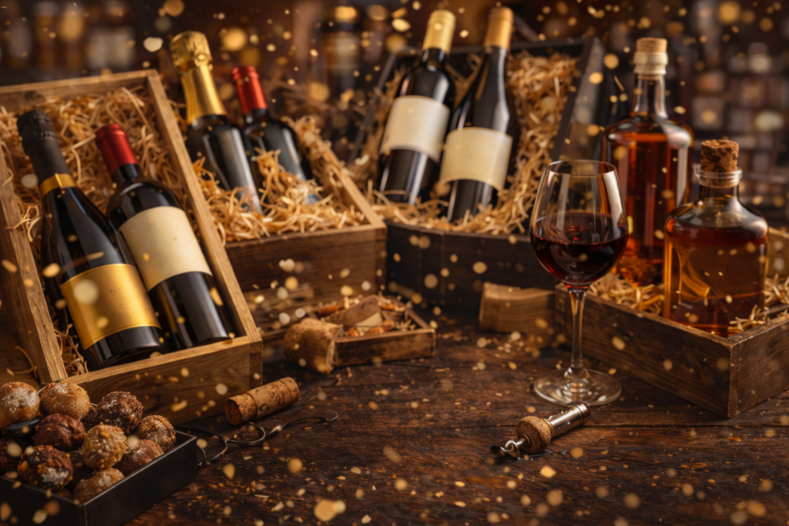 Rustic still life of wine bottles in wooden crates, with a glass of red wine and chocolates on a dark wooden table, confetti floating.