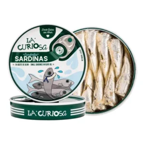 Open tin of La Curiosa sardines with green label and several sardines packed in oil visible inside the can.