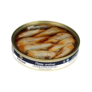 Brisling sardines packed in olive oil inside a round metal can with the lid peeled back
